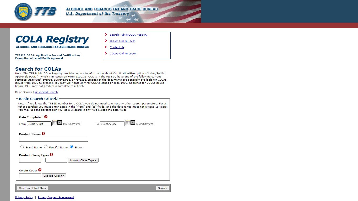 TTB Online - COLAs Online - Public COLA Registry Search